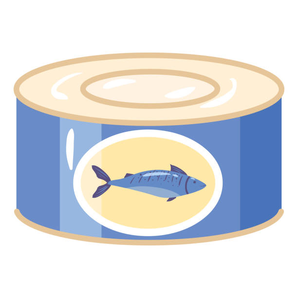 illustrazioni stock, clip art, cartoni animati e icone di tendenza di pesce in scatola, prodotto nutrizionale biologico sano naturale. vector doodle cartone animato piatto illustrazione alla moda disegnato a mano isolato - tuna