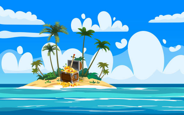 istock Treasure exotic tropical Island, ancient pirate treasure chest, scull, plants, palms, sea, ocean, clouds. Sea landscape coast, beach, sand, adventure, game. Vector illustration 1329624785