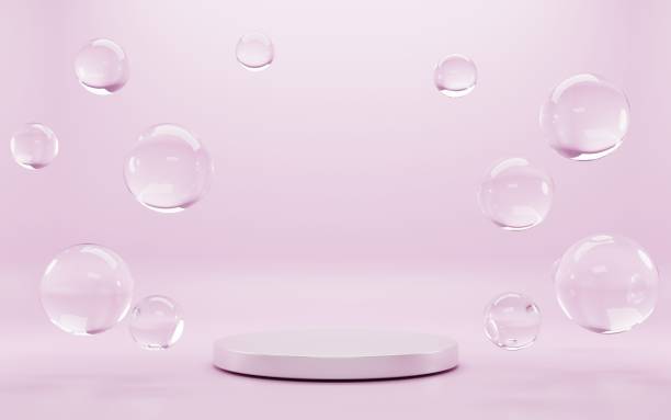 istock Podium with soap bubbles on pink background. Empty round stage or pedestal for award ceremony with clear water drops, abstract frame with place for ad product presentation. Realistic 3d illustration 1329626567