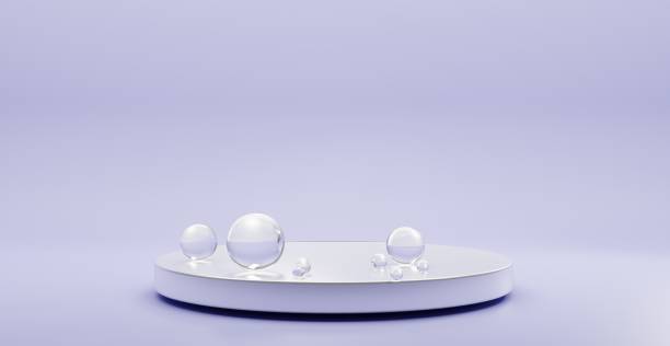 Podium with water drops or air bubbles isolated on purple background. Mockup blank abstract geometric stage, platform with soap spheres for product ad presentation cosmetics. Realistic 3d illustration podio con gotas de agua o burbujas de aire aisladas sobre fondo morado. maqueta de escenario geométrico abstracto en blanco, plataforma con esferas de jabón para la presentación de anuncios de productos cosméticos ilustración 3d realista