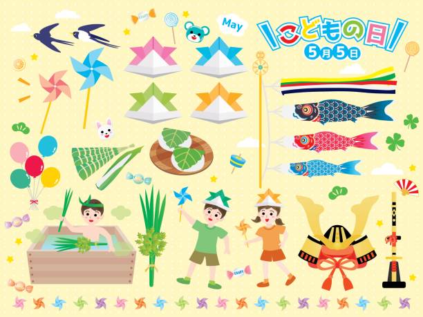 잉어 스트리머, 사무라이 헬멧, 어린이날 의 홍채를 일본어 문자로 세팅합니다. - traditional festival japanese flag japanese culture japan stock illustrations