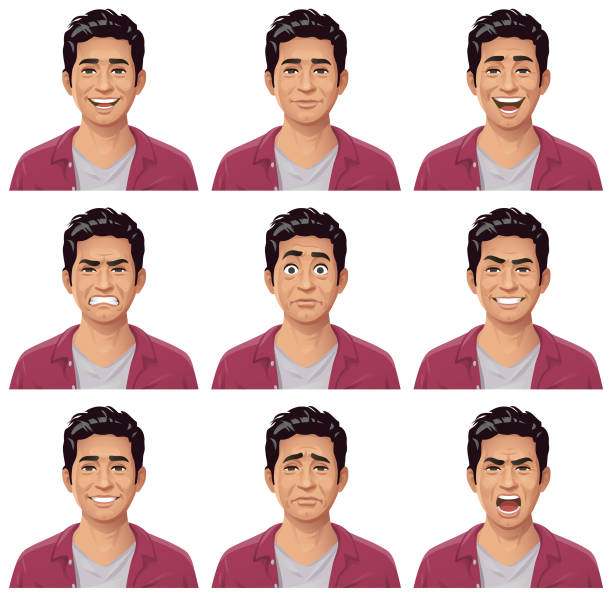 Young Male Student Portrait- Emotions Vector illustration of a young man with nine different facial expressions: talking, neutral, laughing, angry, stunned/surprised, smirking, smiling, anxious and furious. Portraits perfectly match each other and can be easily used for facial animation. one young man only stock illustrations