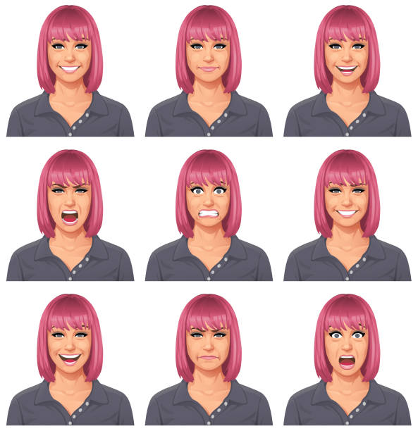 Pink Haired Young Woman Portrait- Emotions Vector illustration of a pink haired young woman with nine different facial expressions: smiling, shocked/surprised, smirking, laughing,  talking, neutral, furious/shouting, angry, neutral and anxious. Portraits perfectly match each other and can be easily used for facial animation. fringe stock illustrations