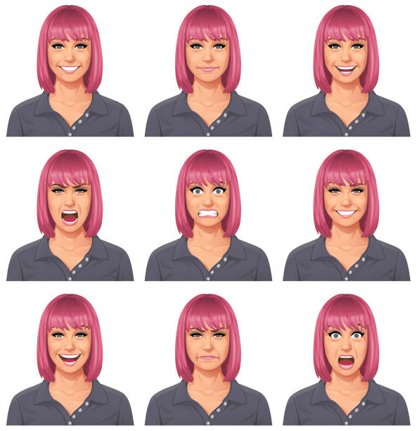 Pink Haired Young Woman Portrait- Emotions Vector illustration of a pink haired young woman with nine different facial expressions: smiling, shocked/surprised, smirking, laughing, talking, neutral, furious/shouting, angry, neutral and anxious. Portraits perfectly match each other and can be easily used for facial animation. women beauty hair dye stock illustrations