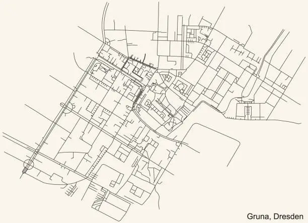 Vector illustration of Street roads map of the Gruna mit Strehlen-Nordost quarter of Dresden, Germany