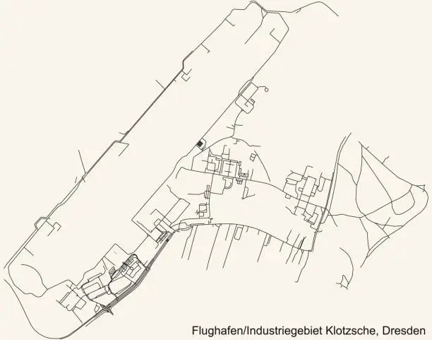 Vector illustration of Street roads map of the Flughafen/Industriegebiet Klotzsche quarter of Dresden, Germany