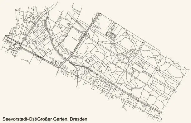 Vector illustration of Street roads map of the Seevorstadt-Ost/Großer Garten mit Strehlen-Nordwest quarter of Dresden, Germany