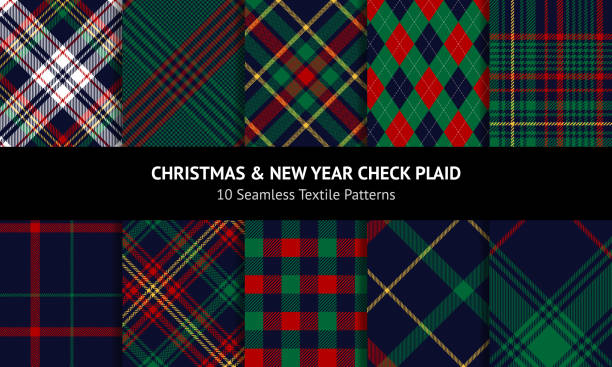 тартановый клетчатый узор набор для рождественских праздничных дизайнов. темные текстурированные чеки в красном, зеленом, желтом, темно-си - argyle textile seamless pattern stock illustrations
