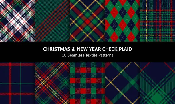 Vector illustration of Tartan plaid pattern set for Christmas festive designs. Dark textured checks in red, green, yellow, navy blue for flannel shirt, duvet cover, blanket, skirt, scarf, other modern fashion fabric prints.
