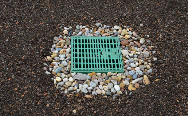 roof gutter covered with a square plastic green grid. green roofs covered with substrate. the area around the drain is mulched with stone mulch from pebbles