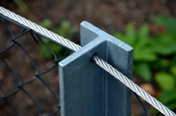 a dark gray metal post in profile t. A stainless steel wire passes through the fence post and a wire fence is at the bottom.