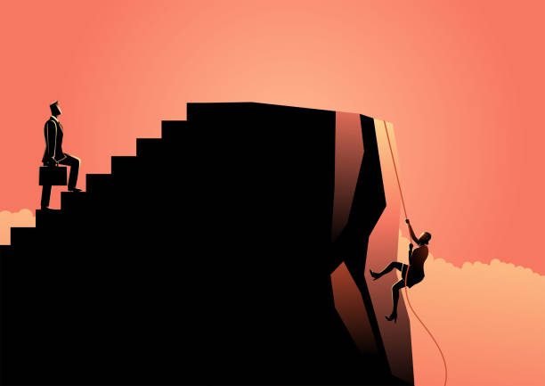 ilustraciones, imágenes clip art, dibujos animados e iconos de stock de concepto injusto en los negocios entre empresario y empresaria - businesswoman winning competition staircase