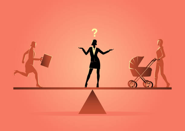 Career or Family Business concept illustration of a business woman standing on a scale, choosing career or family balance silhouettes stock illustrations