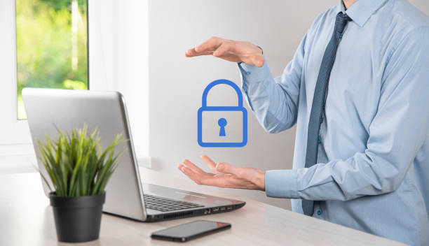 istock Cyber security network. Padlock icon and internet technology networking. Businessman protecting data personal information on tablet and virtual interface. Data protection privacy concept. GDPR. EU. 1329634550