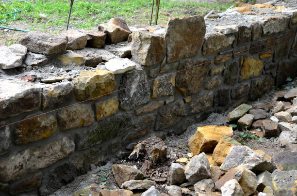 an old stone wall is being reconstructed between the two plots. the stones are dismantled and re-glued to the cement mortar. stonemason builds a wall in the park. the joints are repaired and the bushes are covered with a protective fabric, hedera helix se está reconstruyendo un antiguo muro de piedra entre las dos parcelas. las piedras se desmontan y se vuelven a pegar al mortero de cemento. cantero construye una pared en el parque. las juntas se reparan y los arbustos se cubren con una tela protectora