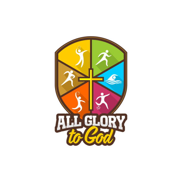 Athletic Christian . Various kinds of sports on a multi-colored shield. The cross of Jesus Christ. All glory to God. Athletic Christian . Various kinds of sports on a multi-colored shield. The cross of Jesus Christ. All glory to God. multi medal stock illustrations