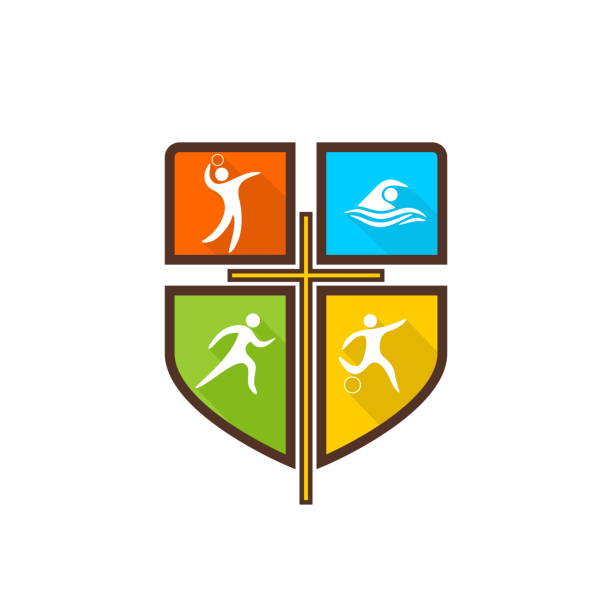 Athletic Christian . Various kinds of sports on a multi-colored shield. The cross of Jesus Christ. Athletic Christian . Various kinds of sports on a multi-colored shield. The cross of Jesus Christ. multi medal stock illustrations