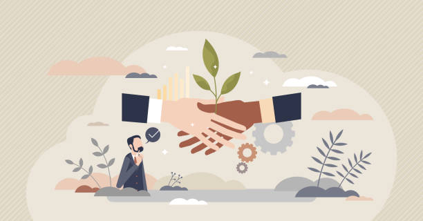 Sustainable partner and environmental friendly business tiny person concept Sustainable partner and environmental friendly business tiny person concept. Corporate deal or agreement symbolic handshake with green leaf vector illustration. Climate awareness in company strategy. responsible business stock illustrations