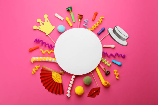 istock Flat lay composition with carnival items and blank card on pink background. Space for text 1329639556