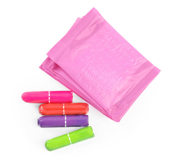 Pads and tampons on white background, top view. Menstrual hygiene product Pads and tampons on white background, top view. Menstrual hygiene product sanitary napkin stock pictures, royalty-free photos & images