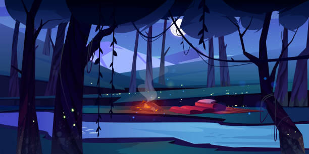 캠프, 화재, 강, 산이 있는 야간 숲 - woodland stream stock illustrations