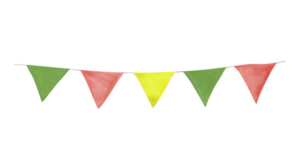 istock Watercolor garland isolated on a white background. Colorful birthday decoration.  Bright festive flags illustration. Yellow, red, and green triangle decor for a carnival. 1329642908
