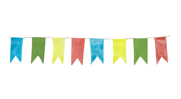 istock Watercolor garland isolated on a white background. Colorful birthday decoration.  Bright festive flags illustration. Yellow, red, blue, and green decor for a carnival. 1329643062