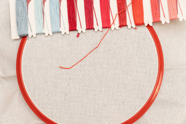 istock frame with set, cotton fabric and thread for cross stitch embroidery close-up 1329644324