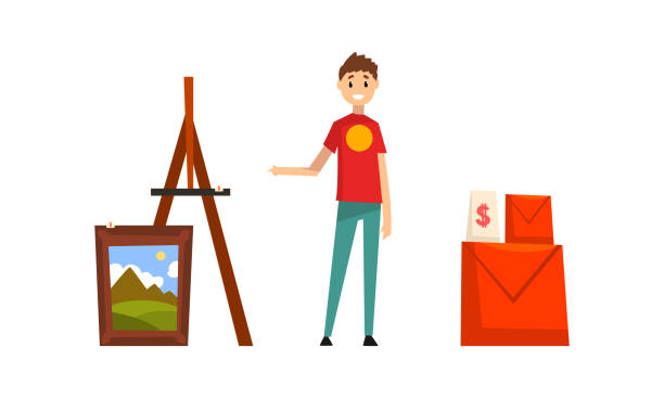 istock Garage Sale Concept, Man Selling Old Unnecessary Things at Flea Market Cartoon Vector Illustration 1329644542