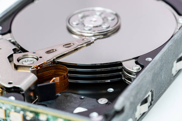 istock Open hard disk drive close up. HDD repair, information recovery service. 1329645443