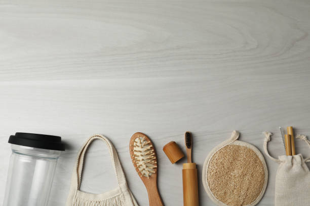 istock Flat lay composition with eco friendly products on white wooden background, space for text. Conscious consumption 1329646848
