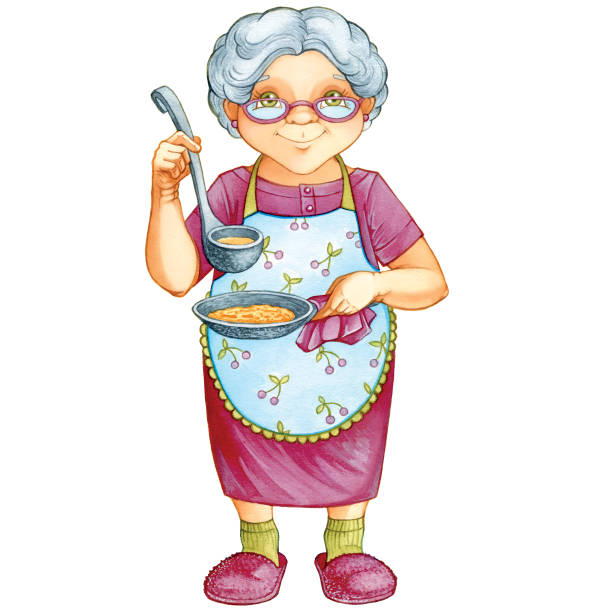 Grandmother Granny In A Cherry Dress Apron Bakes Pancakes Ladle Frying Pan  Cartoon Cute Illustration Watercolor Children Drawing Woman Stock  Illustration - Download Image Now - iStock