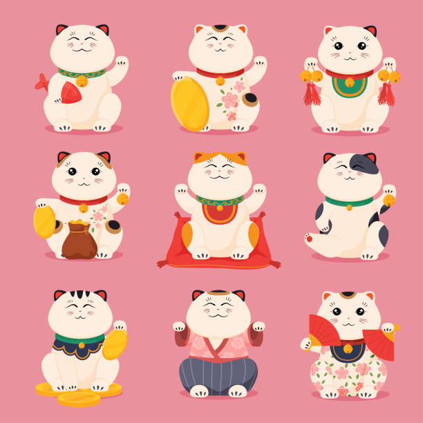 Collection Japanese lucky cat vector flat illustration. Set of funny feline characters maneki neko Collection of Japanese lucky cat vector flat illustration. Set of funny feline characters maneki neko for money attraction isolated. Traditional oriental cute toy with raised waving paw for fortune maneki neko stock illustrations