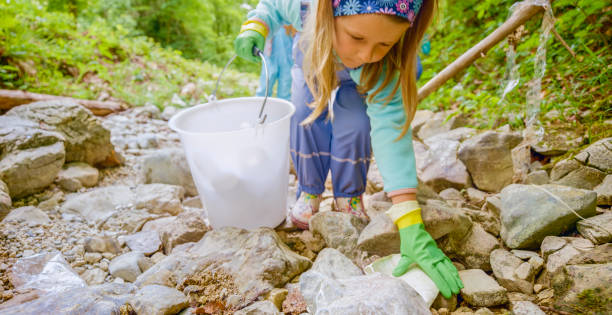 Girl picking up plastic rubbish in forest stock photo