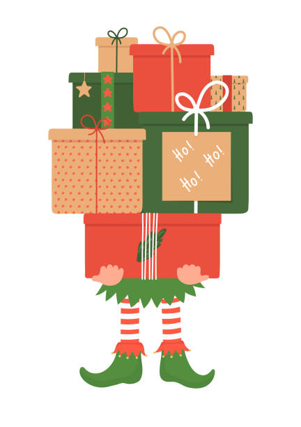 ilustraciones, imágenes clip art, dibujos animados e iconos de stock de elfo de navidad sosteniendo la pila de regalos de navidad - regalos navidad