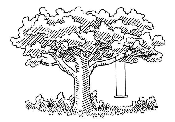 Vector illustration of Beautiful Tree With A Swing Drawing