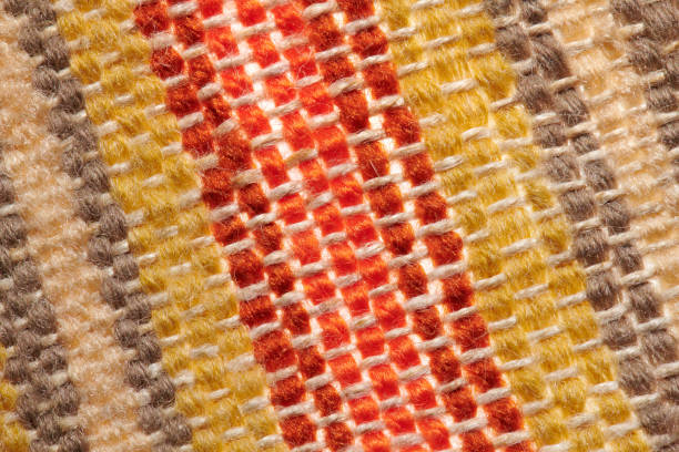 istock a small handmade rug or mat, woven from red and yellow wool threads, one object close-up 1329654911