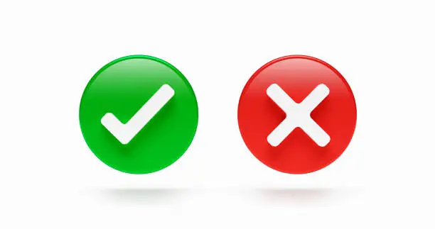 Photo of Correct and wrong check mark icon choice sign test checklist button flat design isolated on white background with vote yes or no element symbol box. 3D rendering.