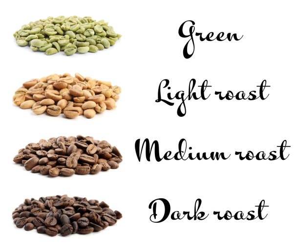 Set with green and roasted coffee beans on white background