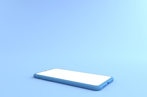 3D rendering of mockups blue Smartphone white screen on blue floor, Blue Mobile phone lay down on the ground. Smartphone white screen can be used for commercial advertising,Isolated on blue background