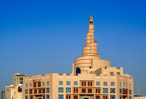 The minaret of the Islamic Cultural Center and Mosque in Doha, Qatar.