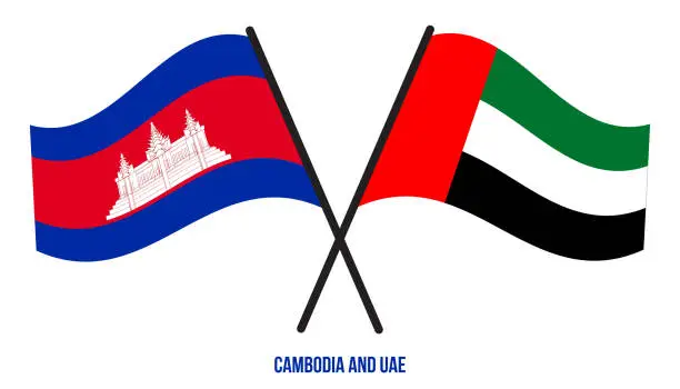 Vector illustration of Cambodia and UAE Flags Crossed And Waving Flat Style. Official Proportion. Correct Colors.