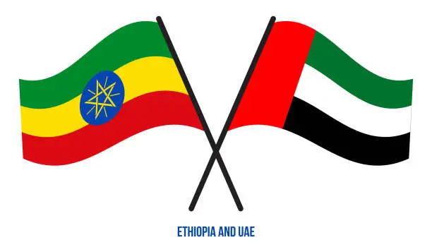 Vector illustration of Ethiopia and UAE Flags Crossed And Waving Flat Style. Official Proportion. Correct Colors.