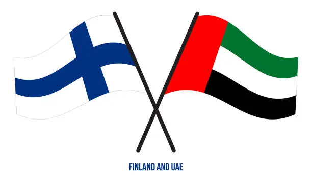 Vector illustration of Finland and UAE Flags Crossed And Waving Flat Style. Official Proportion. Correct Colors.