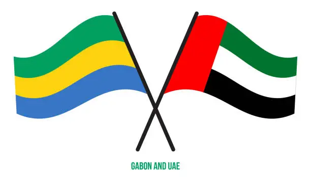 Vector illustration of Gabon and UAE Flags Crossed And Waving Flat Style. Official Proportion. Correct Colors.