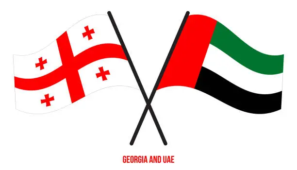 Vector illustration of Georgia and UAE Flags Crossed And Waving Flat Style. Official Proportion. Correct Colors.