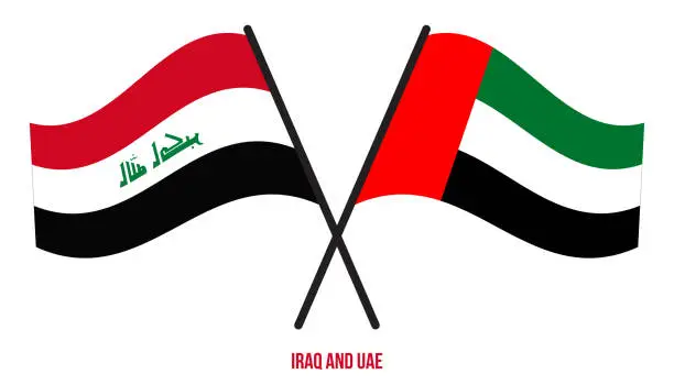 Vector illustration of Iraq and UAE Flags Crossed And Waving Flat Style. Official Proportion. Correct Colors.