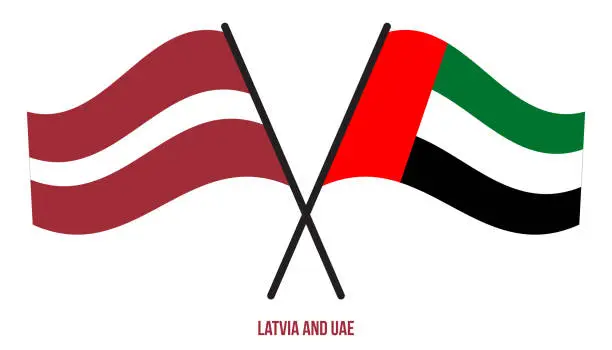 Vector illustration of Latvia and UAE Flags Crossed And Waving Flat Style. Official Proportion. Correct Colors.