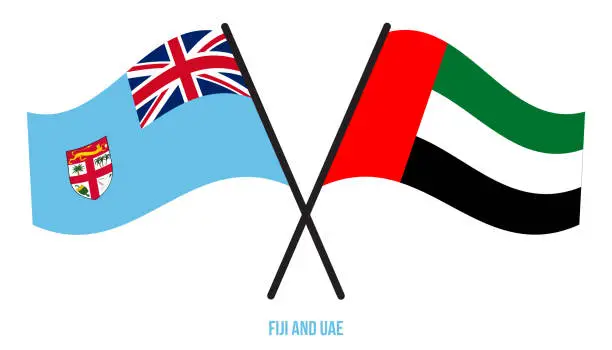 Vector illustration of Fiji and UAE Flags Crossed And Waving Flat Style. Official Proportion. Correct Colors.
