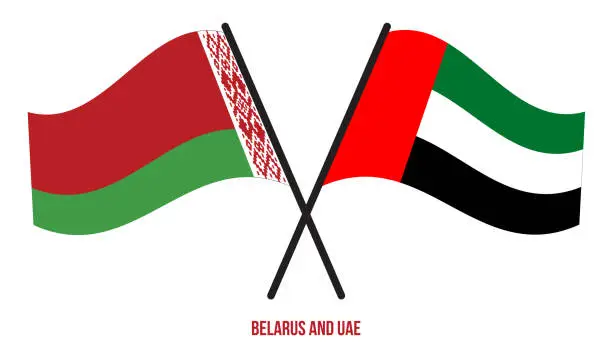 Vector illustration of Belarus and UAE Flags Crossed And Waving Flat Style. Official Proportion. Correct Colors.